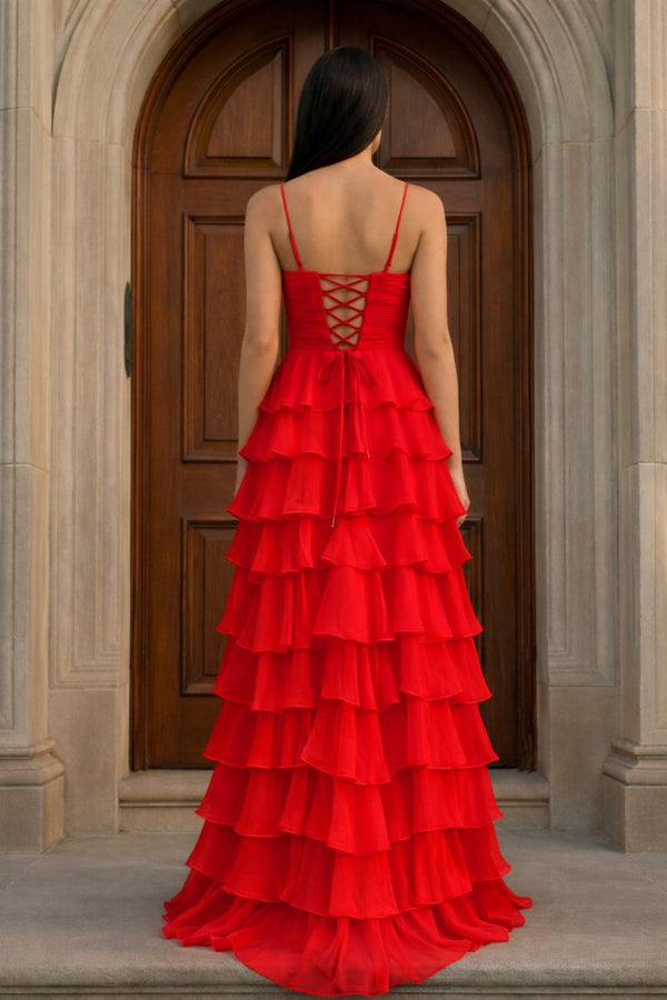 A Line Spaghetti Straps Yellow Long Prom Dress with Ruffles – Prom Dresses by KissProm | Available at KissProm
