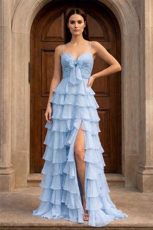 A Line Spaghetti Straps Yellow Long Prom Dress with Ruffles – Prom Dresses by KissProm | Available at KissProm