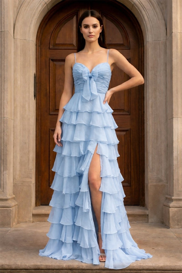 A Line Spaghetti Straps Yellow Long Prom Dress with Ruffles – Prom Dresses by KissProm | Available at KissProm