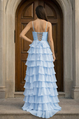 A Line Spaghetti Straps Yellow Long Prom Dress with Ruffles – Prom Dresses by KissProm | Available at KissProm