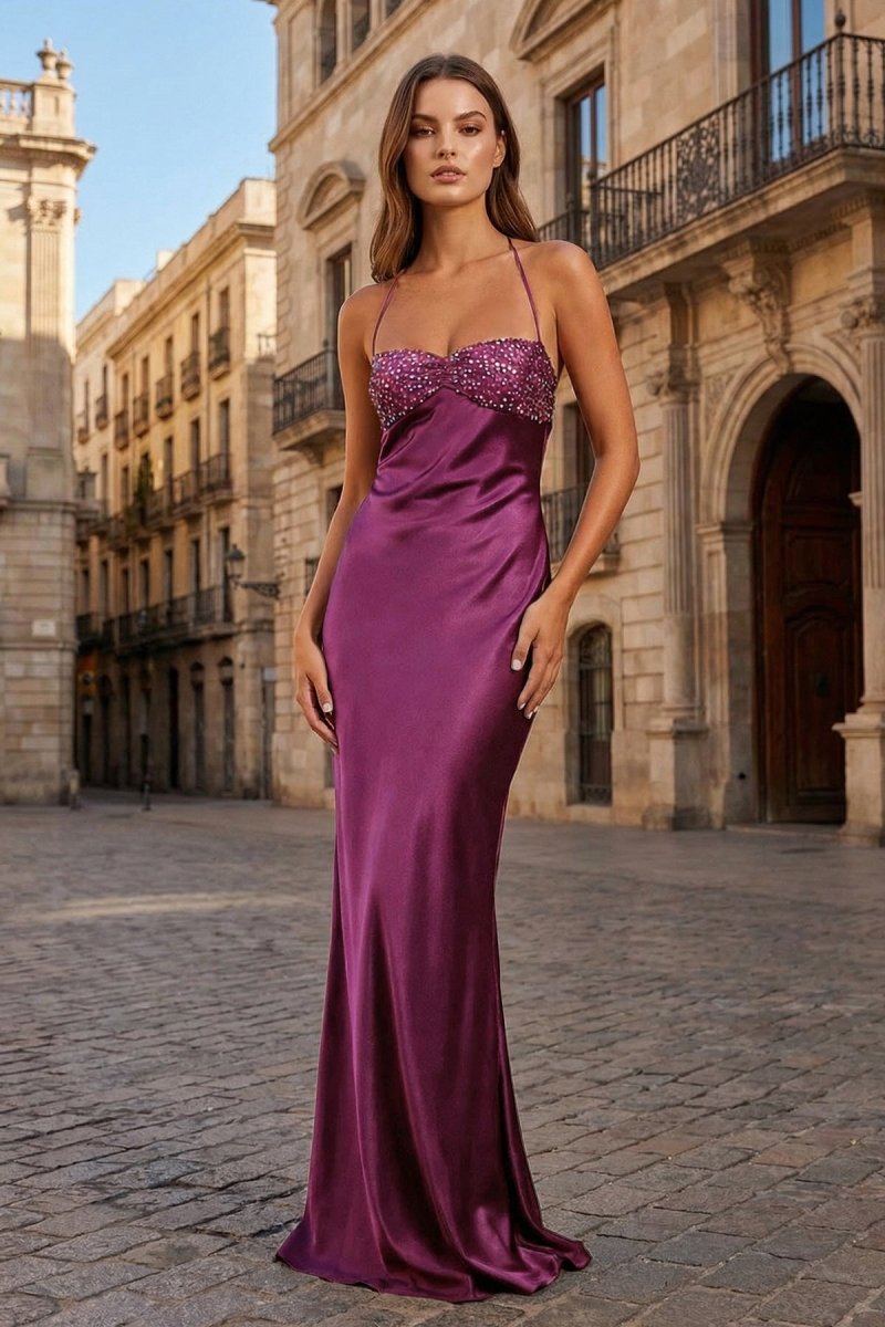 Magenta - Halter Sheath Satin Long Prom Dresses With Sequins – Prom Dresses by KissProm | Available at KissProm