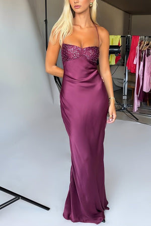 Magenta - Halter Sheath Satin Long Prom Dresses With Sequins – Prom Dresses by KissProm | Available at KissProm
