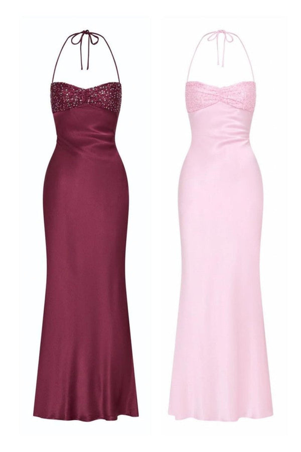 Pink - Halter Sheath Satin Long Prom Dresses With Sequins – Prom Dresses by KissProm | Available at KissProm