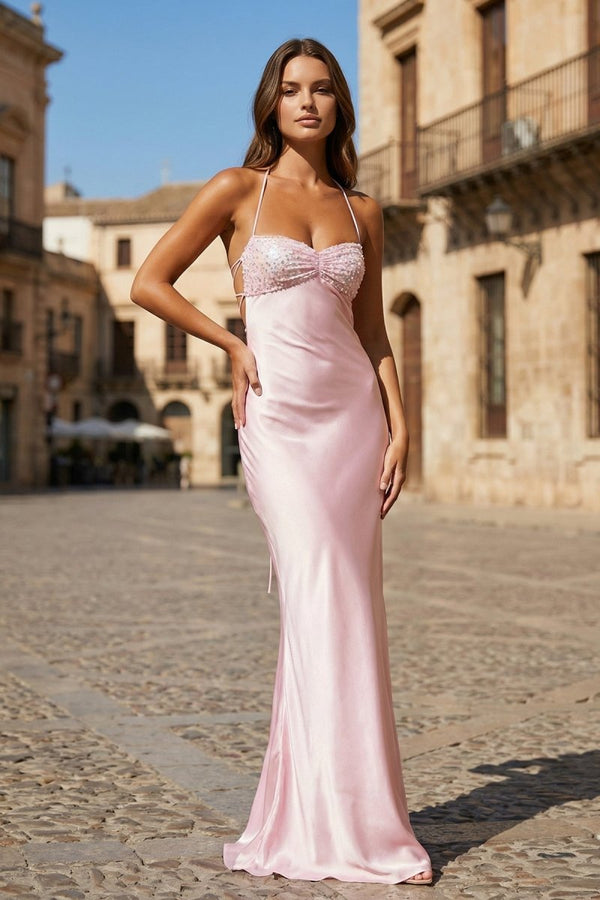 Pink - Halter Sheath Satin Long Prom Dresses With Sequins – Prom Dresses by KissProm | Available at KissProm