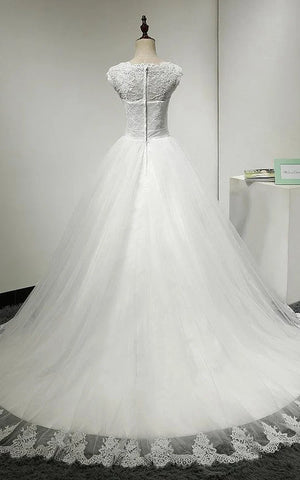 Jewel Neck Cap Sleeve Tulle Ball Gown With Scalloped Hem