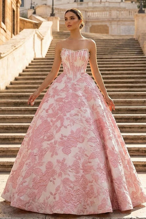 Pink - A Line Strapless Jacquard Long Prom Dresses – Prom Dresses by KissProm | Available at KissProm