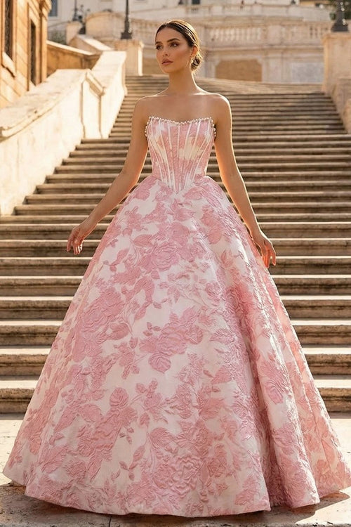 Pink - A Line Strapless Jacquard Long Prom Dresses – Prom Dresses by KissProm | Available at KissProm