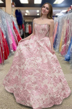 Pink - A Line Strapless Jacquard Long Prom Dresses – Prom Dresses by KissProm | Available at KissProm