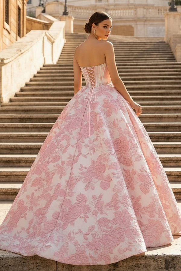 Pink - A Line Strapless Jacquard Long Prom Dresses – Prom Dresses by KissProm | Available at KissProm