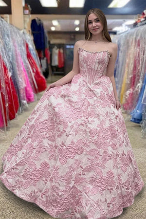 Pink - A Line Strapless Jacquard Long Prom Dresses – Prom Dresses by KissProm | Available at KissProm