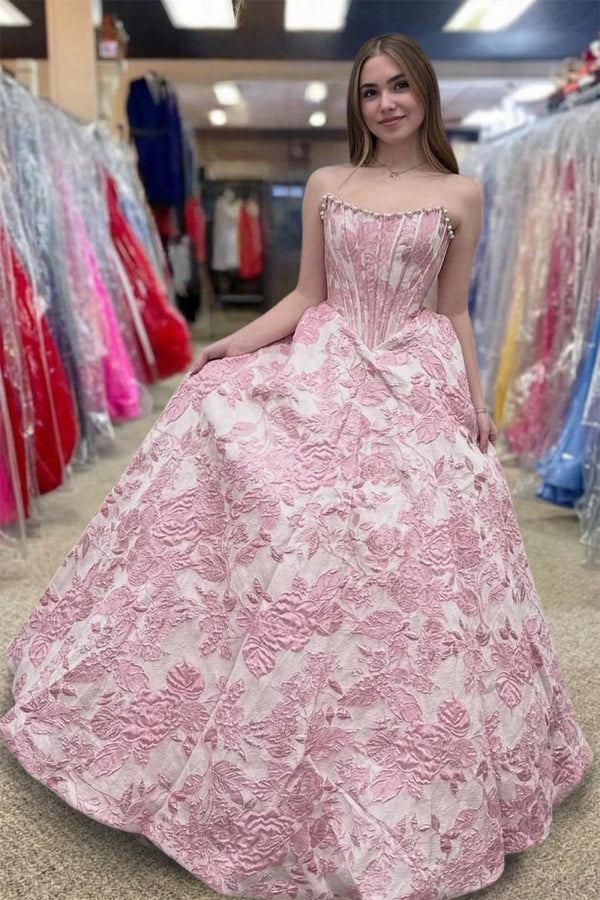 Pink - A Line Strapless Jacquard Long Prom Dresses – Prom Dresses by KissProm | Available at KissProm