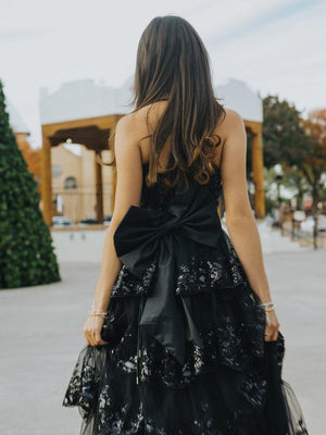 Jonjay | A - Line Sweetheart Sequin Ruffles Long Prom Dresses with Bow - KissProm