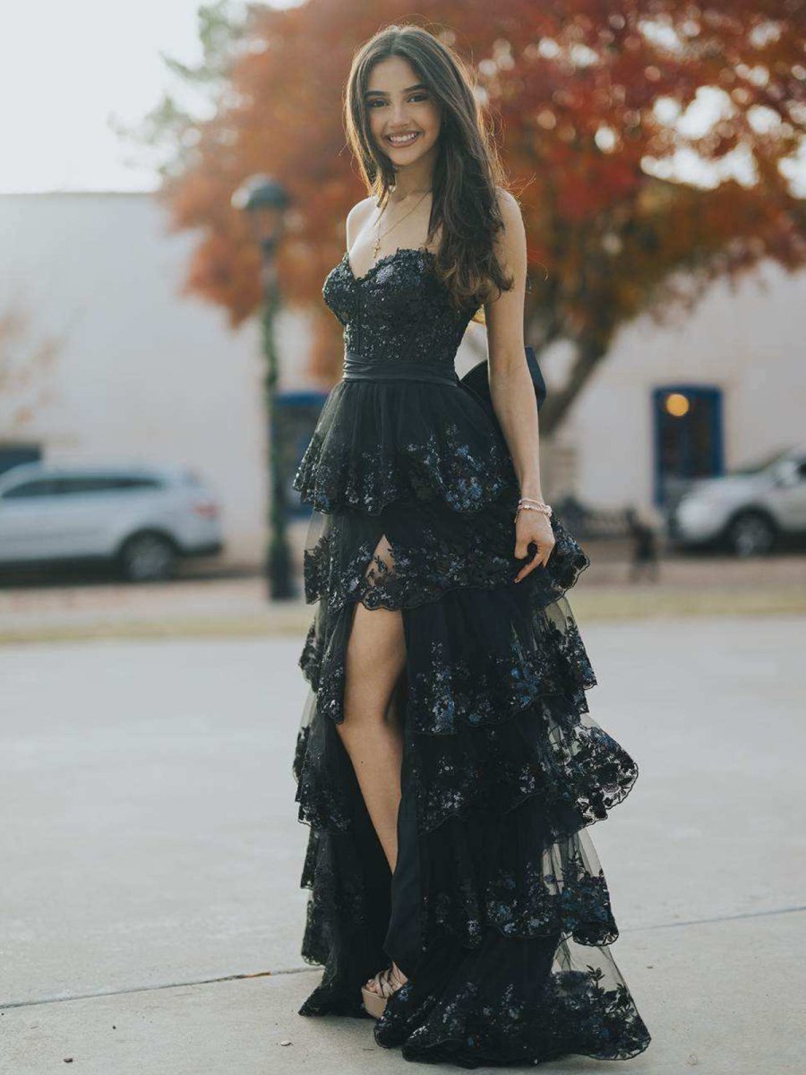 Jonjay | A - Line Sweetheart Sequin Ruffles Long Prom Dresses with Bow - KissProm