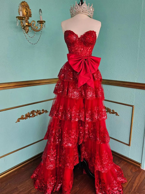 Jonjay | A - Line Sweetheart Sequin Ruffles Long Prom Dresses with Bow - KissProm