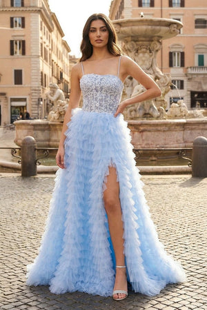Sky Blue A - Line Tiered Sequins Tulle Long Prom Dress - KissProm