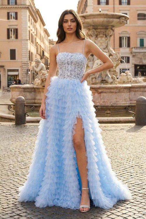 Sky Blue A - Line Tiered Sequins Tulle Long Prom Dress - KissProm