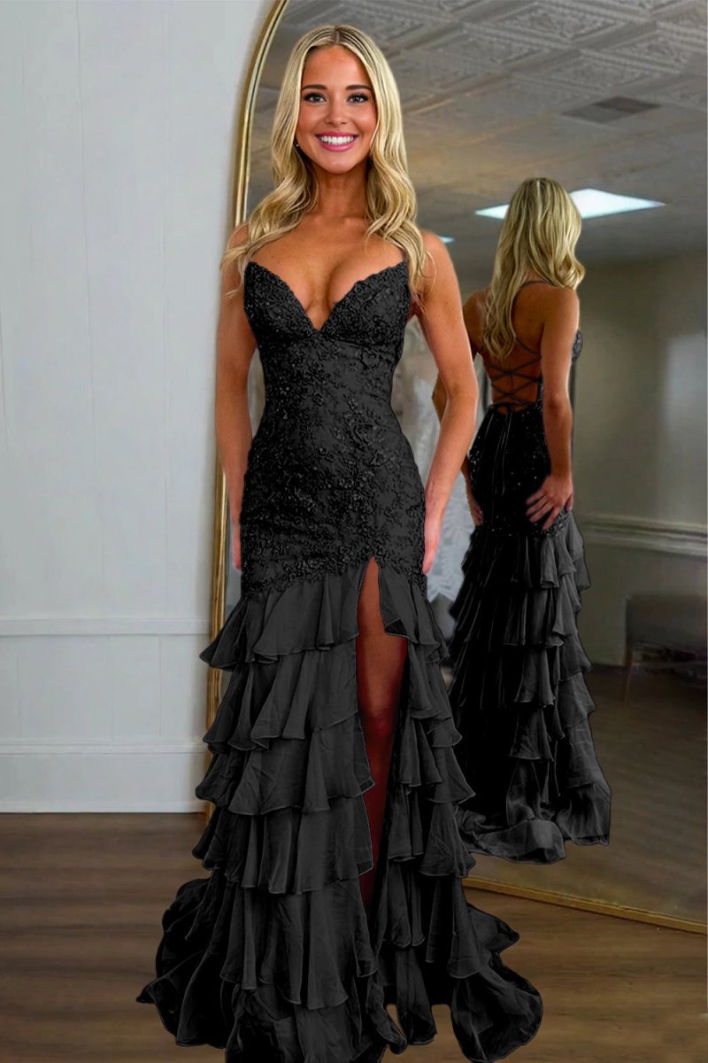 Black - Spaghetti Straps Mermaid Lace Appliqued Prom Dresses With Ruffles – Prom Dress by KissProm | Available at KissProm
