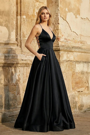 A Line Royal Blue Spaghetti Straps Satin Prom Dress With Pockets - KissProm