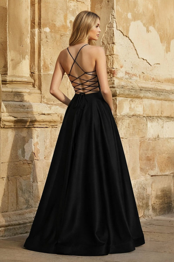 A Line Royal Blue Spaghetti Straps Satin Prom Dress With Pockets - KissProm