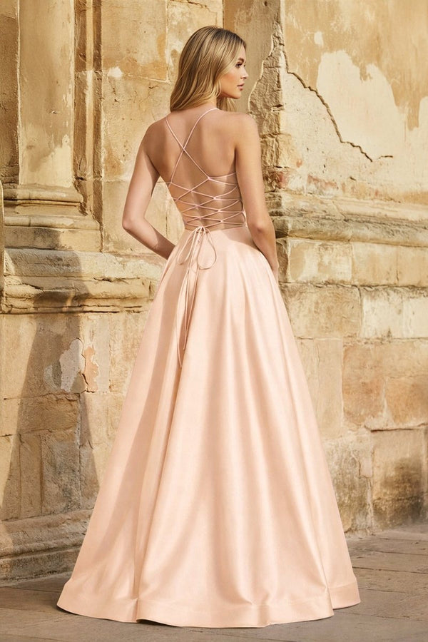 A Line Royal Blue Spaghetti Straps Satin Prom Dress With Pockets - KissProm
