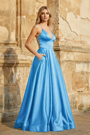A Line Royal Blue Spaghetti Straps Satin Prom Dress With Pockets - KissProm