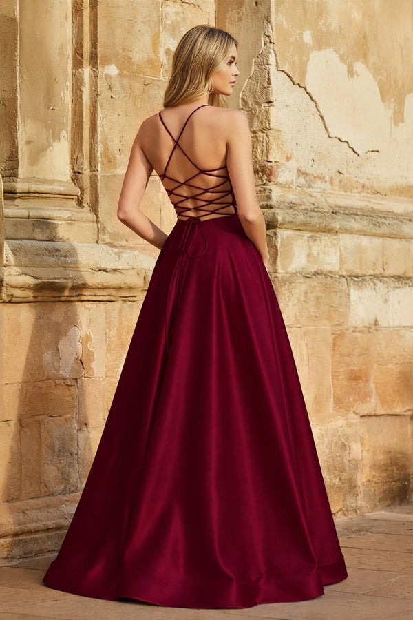 A Line Royal Blue Spaghetti Straps Satin Prom Dress With Pockets - KissProm