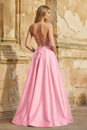 A Line Royal Blue Spaghetti Straps Satin Prom Dress With Pockets - KissProm