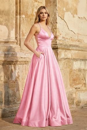 A Line Royal Blue Spaghetti Straps Satin Prom Dress With Pockets - KissProm