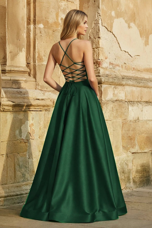 A Line Royal Blue Spaghetti Straps Satin Prom Dress With Pockets - KissProm
