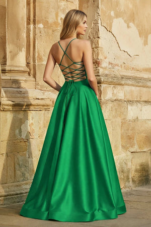 A Line Royal Blue Spaghetti Straps Satin Prom Dress With Pockets - KissProm