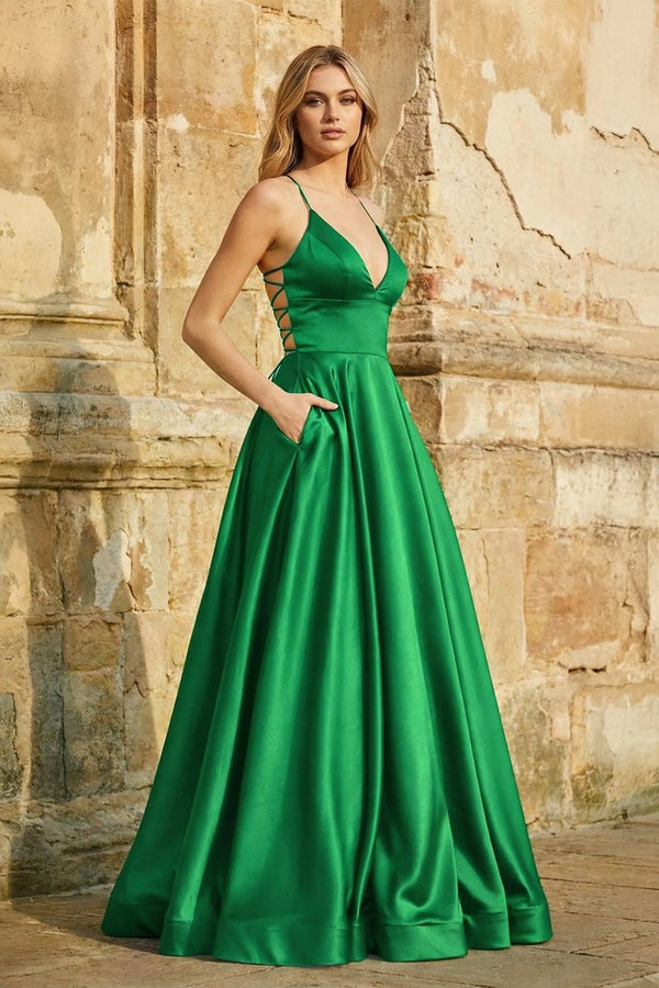 A Line Royal Blue Spaghetti Straps Satin Prom Dress With Pockets - KissProm