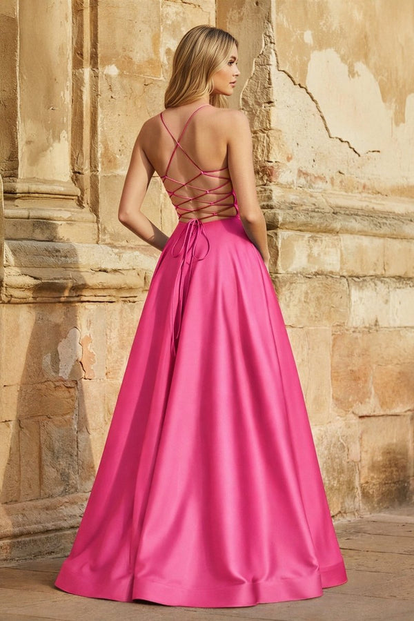 A Line Royal Blue Spaghetti Straps Satin Prom Dress With Pockets - KissProm