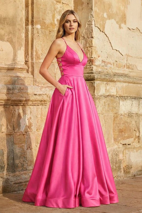 A Line Royal Blue Spaghetti Straps Satin Prom Dress With Pockets - KissProm