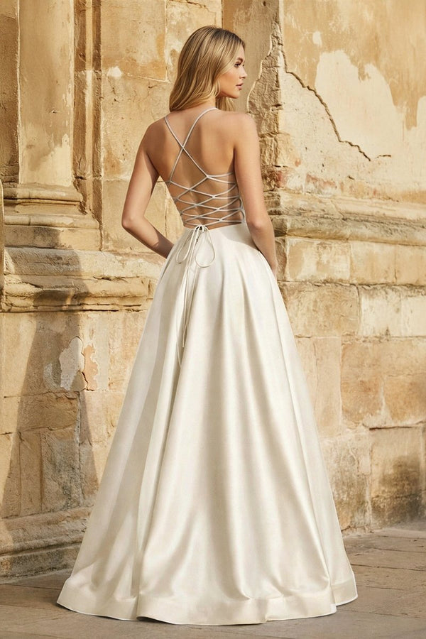 A Line Royal Blue Spaghetti Straps Satin Prom Dress With Pockets - KissProm