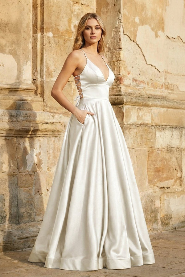 A Line Royal Blue Spaghetti Straps Satin Prom Dress With Pockets - KissProm