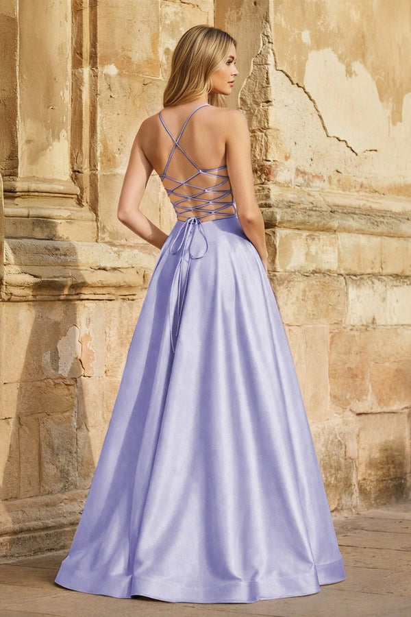 A Line Royal Blue Spaghetti Straps Satin Prom Dress With Pockets - KissProm