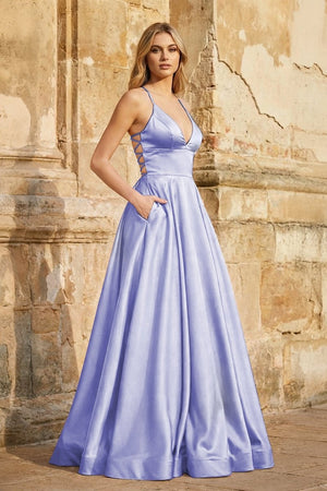 A Line Royal Blue Spaghetti Straps Satin Prom Dress With Pockets - KissProm