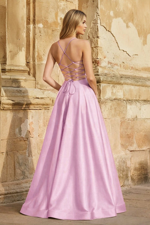 A Line Royal Blue Spaghetti Straps Satin Prom Dress With Pockets - KissProm
