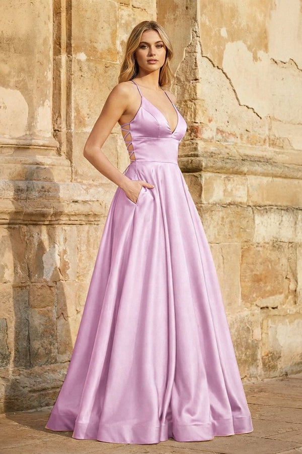 A Line Royal Blue Spaghetti Straps Satin Prom Dress With Pockets - KissProm