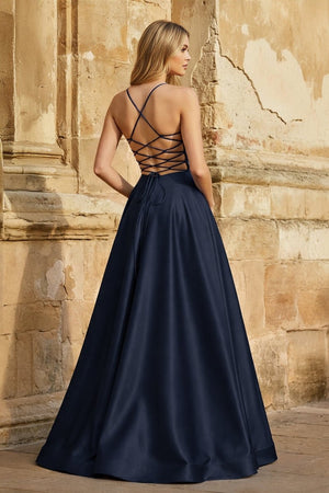 A Line Royal Blue Spaghetti Straps Satin Prom Dress With Pockets - KissProm