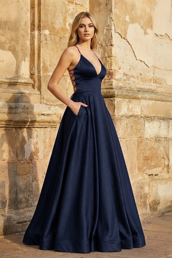 A Line Royal Blue Spaghetti Straps Satin Prom Dress With Pockets - KissProm