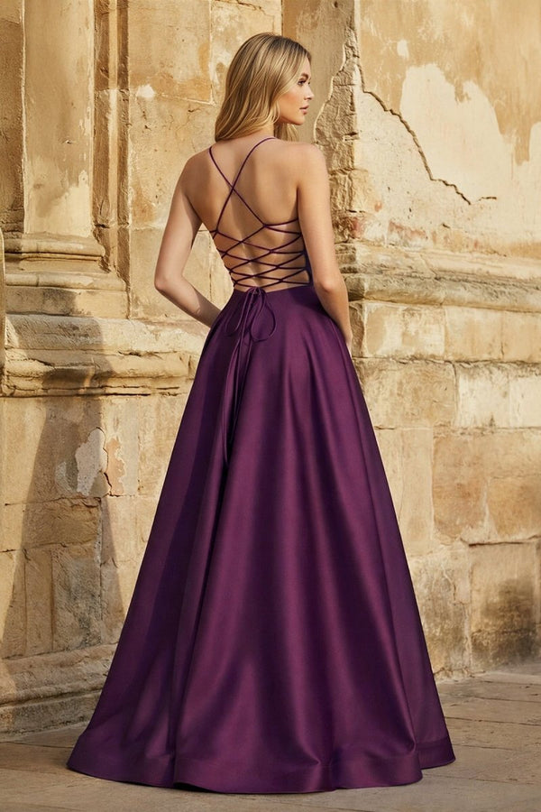 A Line Royal Blue Spaghetti Straps Satin Prom Dress With Pockets - KissProm