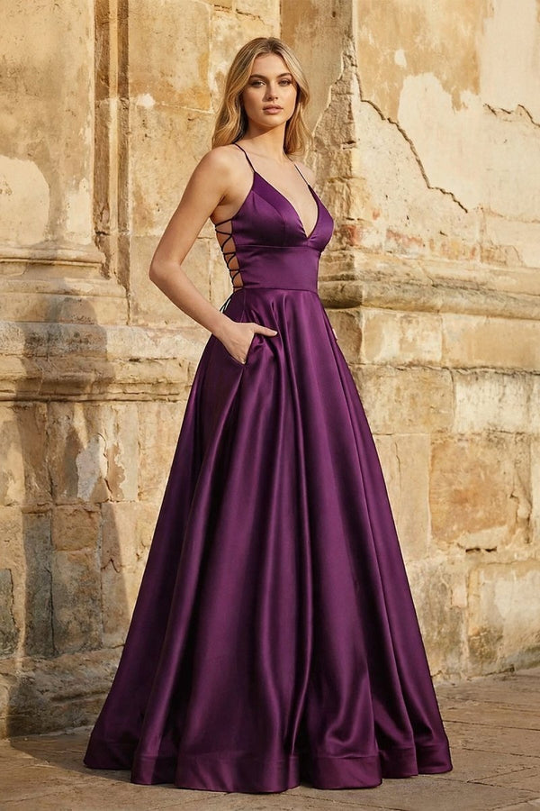 A Line Royal Blue Spaghetti Straps Satin Prom Dress With Pockets - KissProm