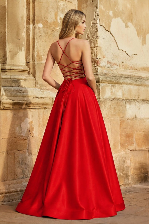 A Line Royal Blue Spaghetti Straps Satin Prom Dress With Pockets - KissProm