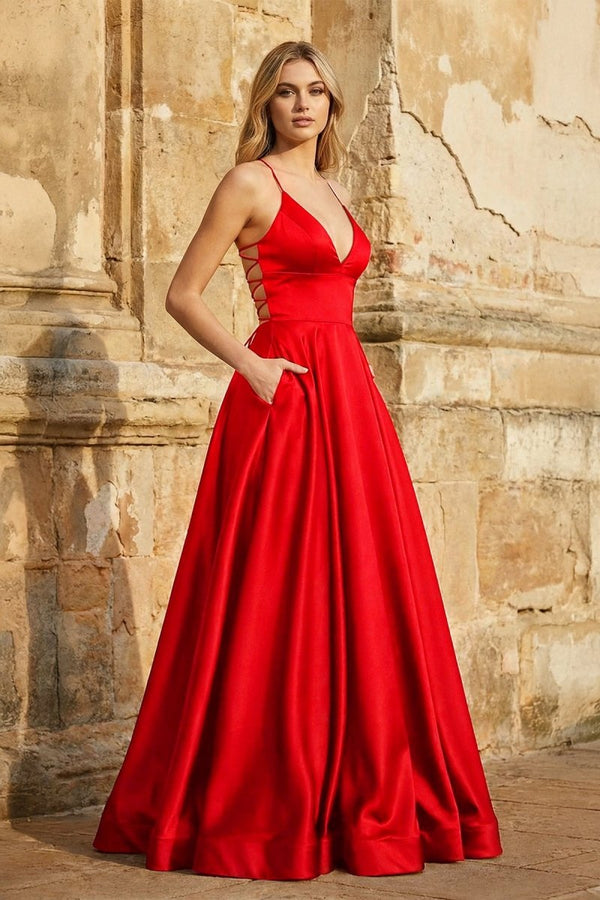 A Line Royal Blue Spaghetti Straps Satin Prom Dress With Pockets - KissProm
