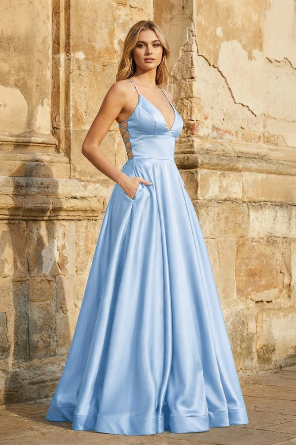 A Line Royal Blue Spaghetti Straps Satin Prom Dress With Pockets - KissProm