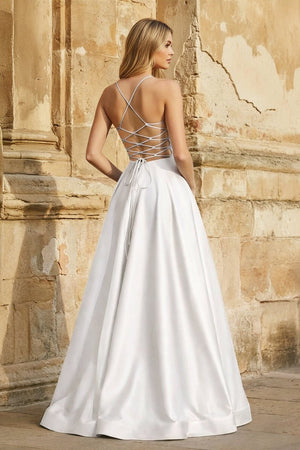 A Line Royal Blue Spaghetti Straps Satin Prom Dress With Pockets - KissProm