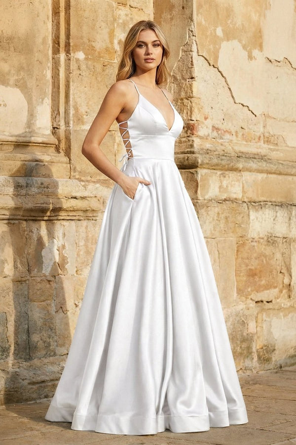 A Line Royal Blue Spaghetti Straps Satin Prom Dress With Pockets - KissProm