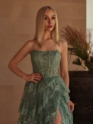 Sky Blue A Line Strapless Ruffle Sequin Lace Prom Dresses – Prom Dresses by KissProm | Available at KissProm