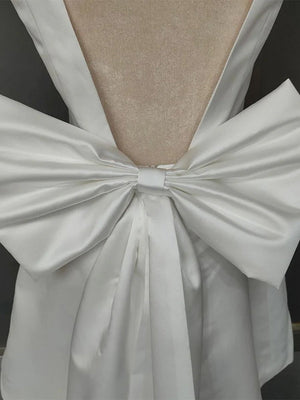 Karelia | A - Line Satin V - Neck Short Wedding Dress with Large Bow - KissProm